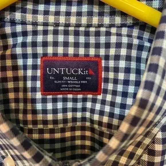 UNTUCKit Men’s Gingham Blue/Brown Long Sleeve‎ Dress Shirt- Small - NWOT - Picture 6 of 6